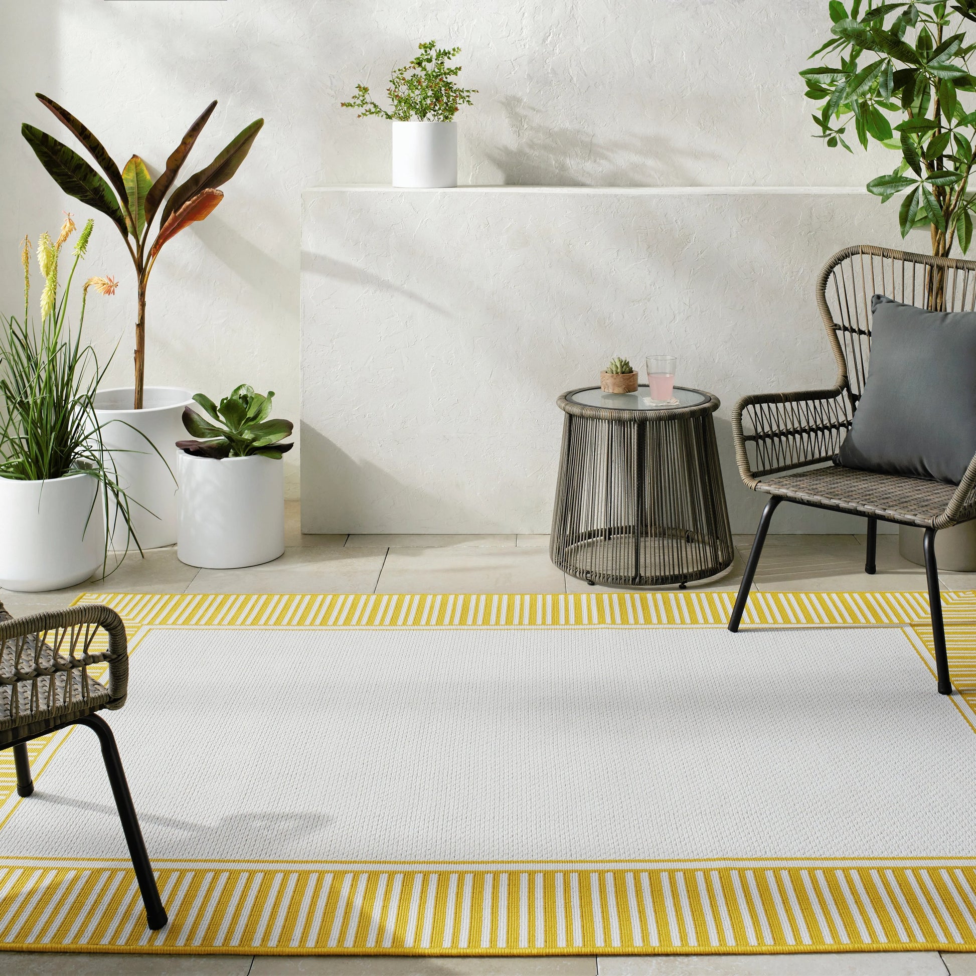 Alfresco Rug - 35682 by Livabliss in sunflower yellow, ivory. Made from face: 100% olefin in a unique style.