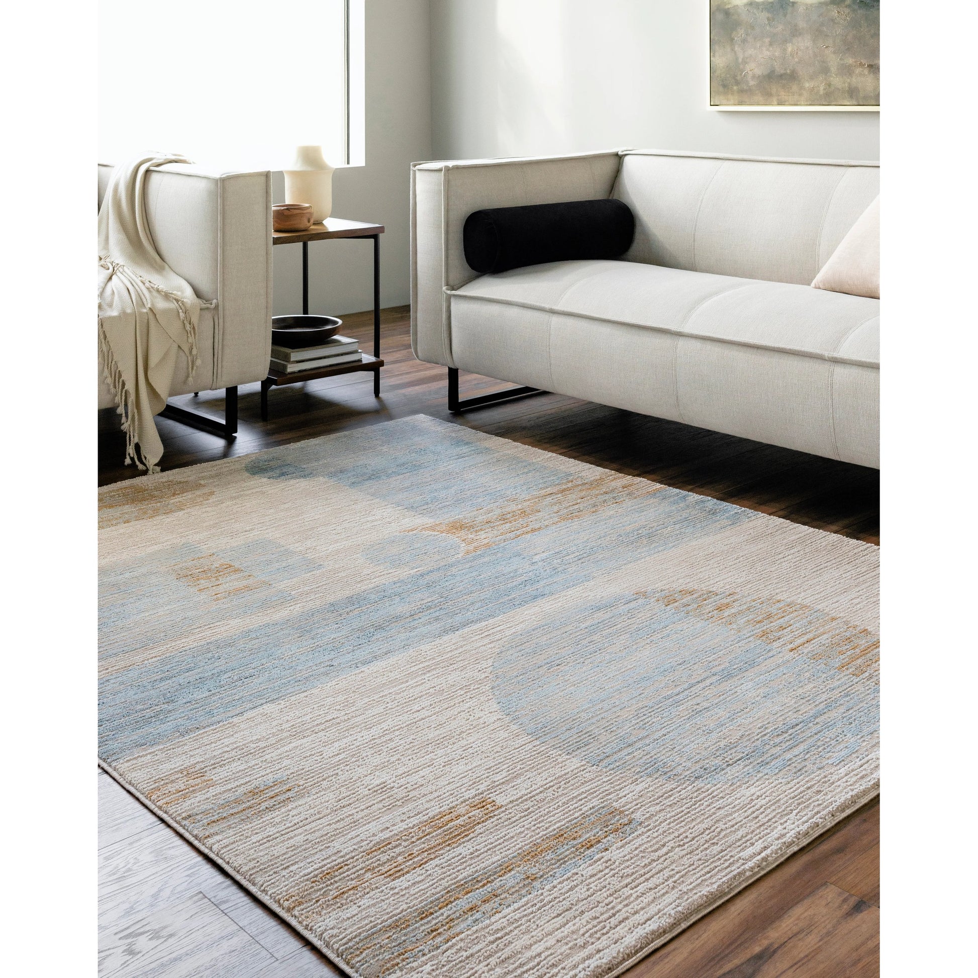 Allegro Rug - 500851 by Livabliss in tan, light beige, blue, ivory, mustard. Made from face: 80% polyester, 20% polypropylene, warp: 100% jute in a unique style.