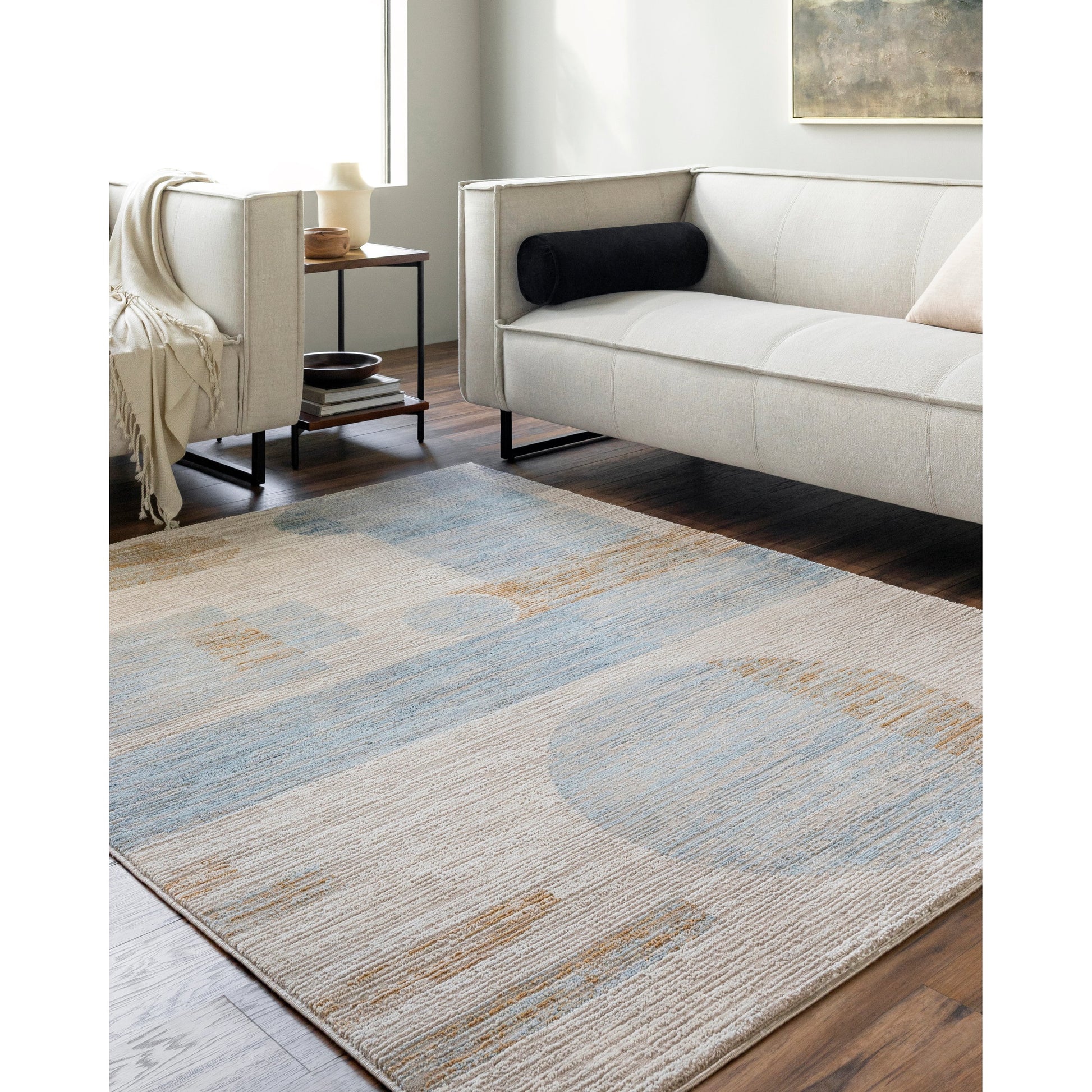 Allegro Rug - 500851 by Livabliss in tan, light beige, blue, ivory, mustard. Made from face: 80% polyester, 20% polypropylene, warp: 100% jute in a unique style.
