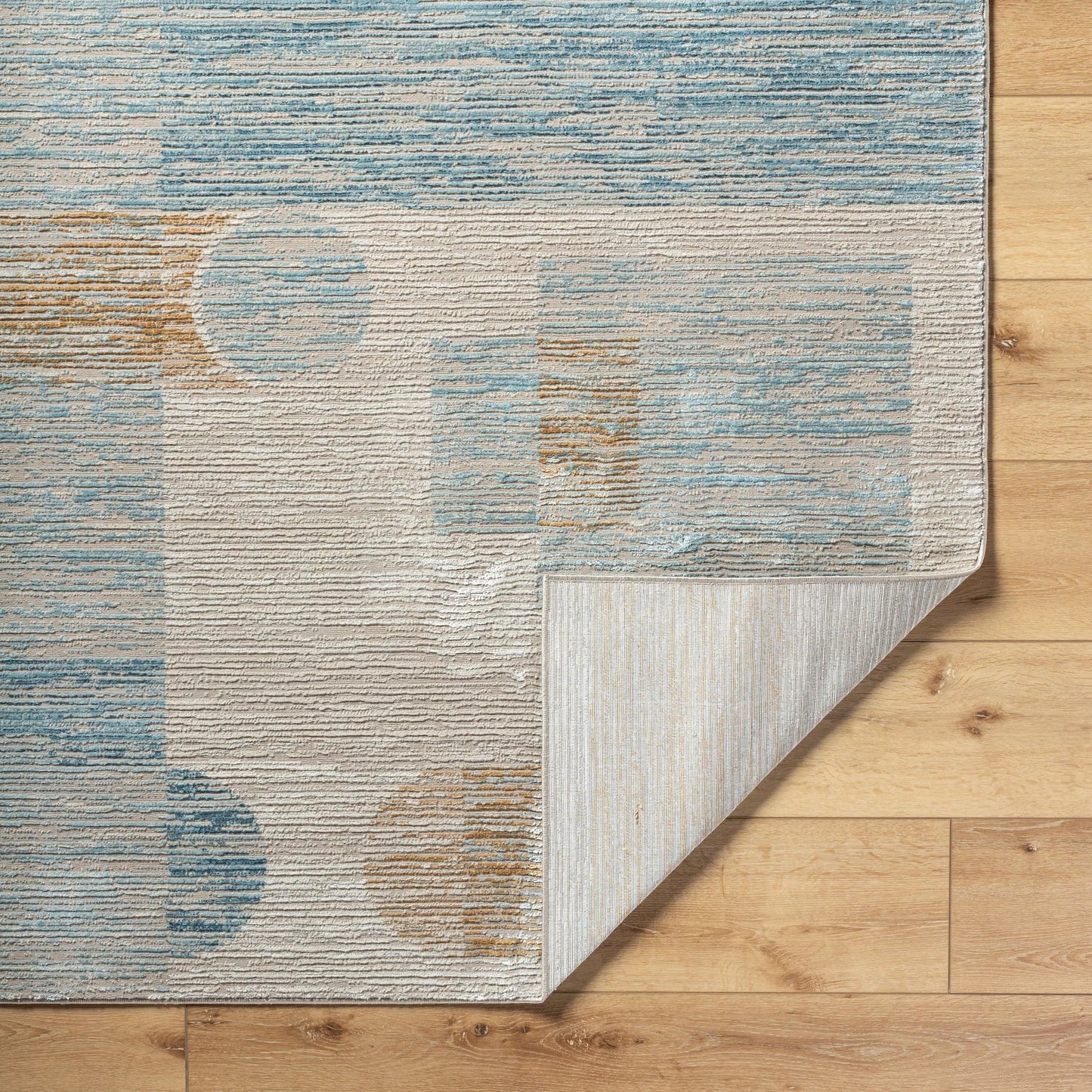 003 SI-2132364,SI-2132365,SI-2132366,SI-2132367 | Closeup | Allegro Rug - 500851 by Livabliss in tan, light beige, blue, ivory, mustard. Made from face: 80% polyester, 20% polypropylene, warp: 100% jute in a unique style.