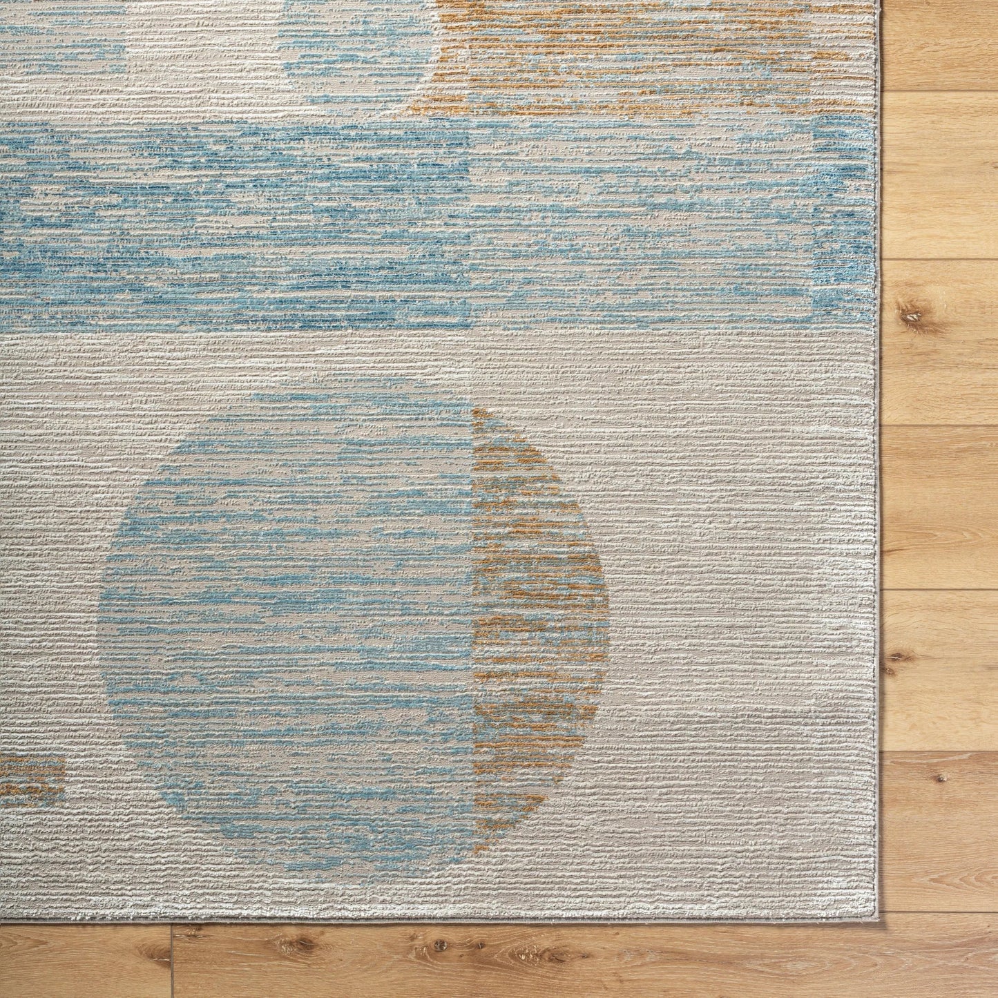 005 SI-2132364,SI-2132365,SI-2132366,SI-2132367 | Closeup | Allegro Rug - 500851 by Livabliss in tan, light beige, blue, ivory, mustard. Made from face: 80% polyester, 20% polypropylene, warp: 100% jute in a unique style.