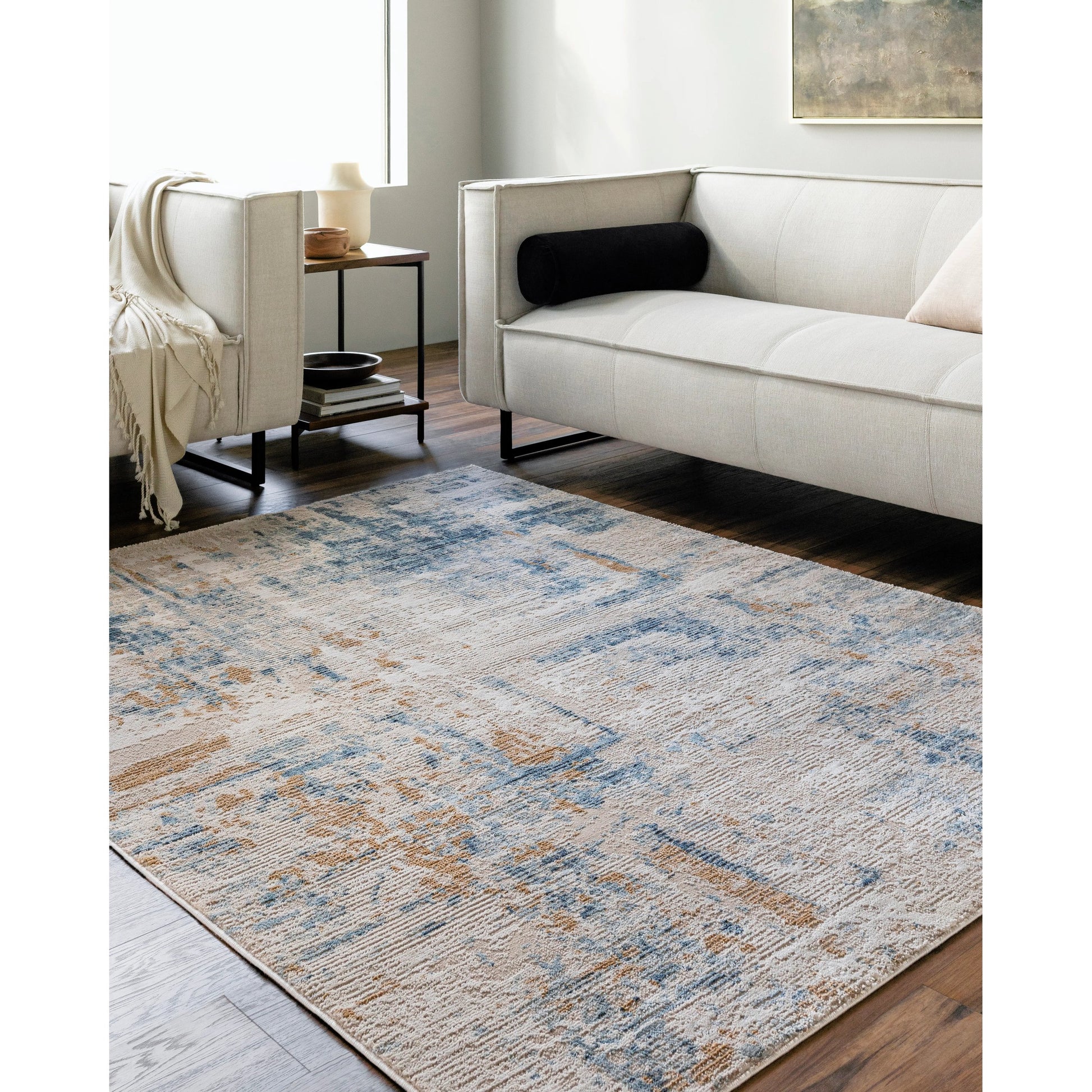 Allegro Rug - 500919 by Livabliss in tan, light beige, ivory, navy, blue. Made from face: 80% polyester, 20% polypropylene, warp: 100% jute in a unique style.