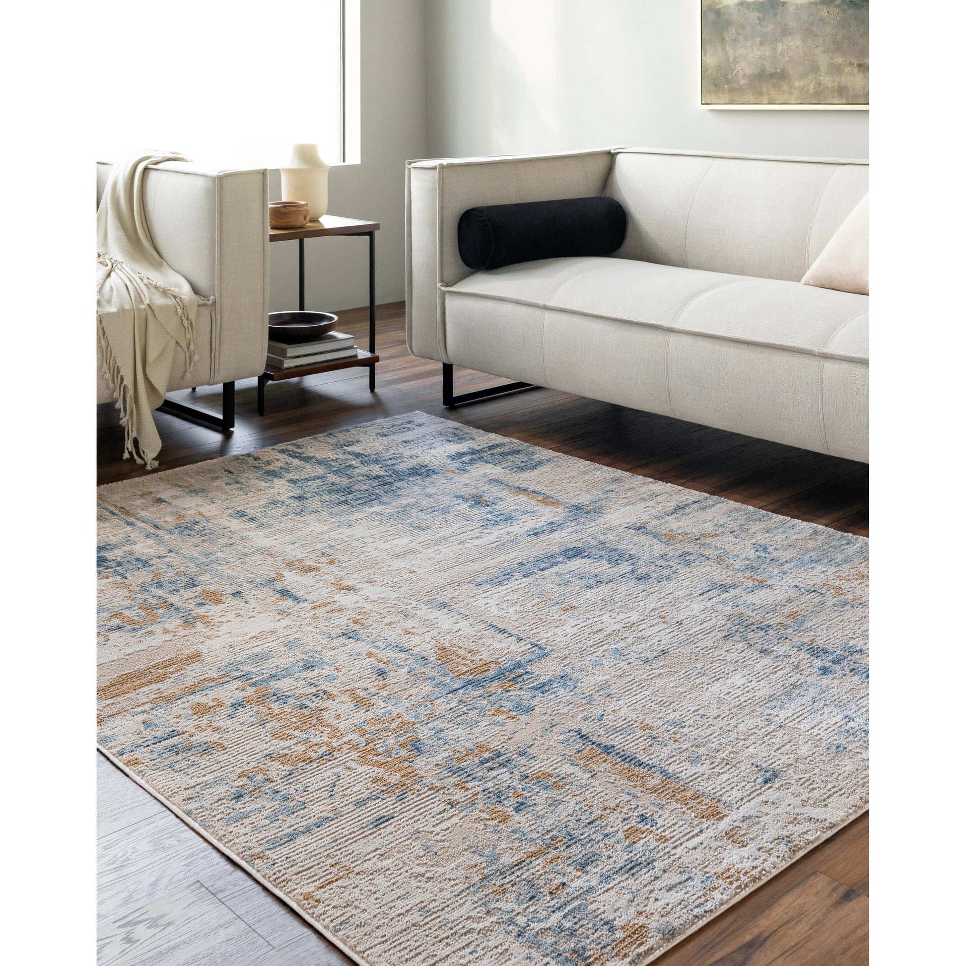 Allegro Rug - 500919 by Livabliss in tan, light beige, ivory, navy, blue. Made from face: 80% polyester, 20% polypropylene, warp: 100% jute in a unique style.