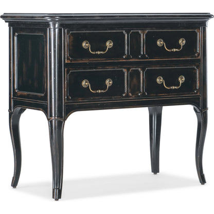 Charleston Two-Drawer Nightstand by Hooker Furniture in black cherry. Made from cherry veneers with solid-wood edge top in a transitional style.