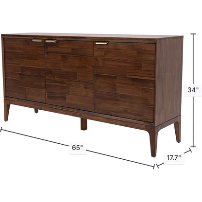 Allure Wooden 3 Door Sideboard by LH Imports in brown and brown, brass. Made from solid acacia wood, mdf, brass metal handles in a unique style.