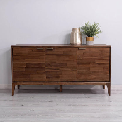 Allure Wooden 3 Door Sideboard by LH Imports in brown and brown, brass. Made from solid acacia wood, mdf, brass metal handles in a unique style.