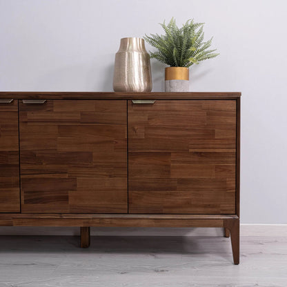 Allure Wooden 3 Door Sideboard by LH Imports in brown and brown, brass. Made from solid acacia wood, mdf, brass metal handles in a unique style.