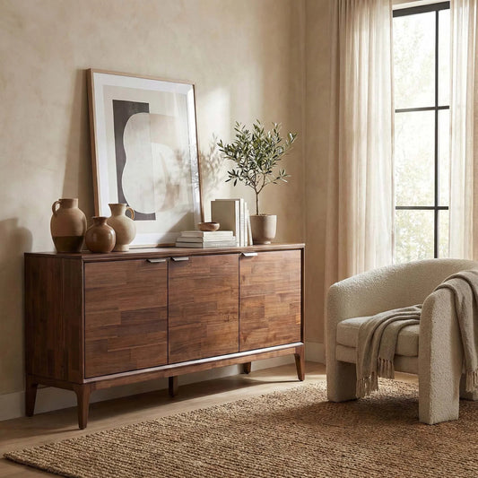 Allure Wooden 3 Door Sideboard by LH Imports in brown and brown, brass. Made from solid acacia wood, mdf, brass metal handles in a unique style.