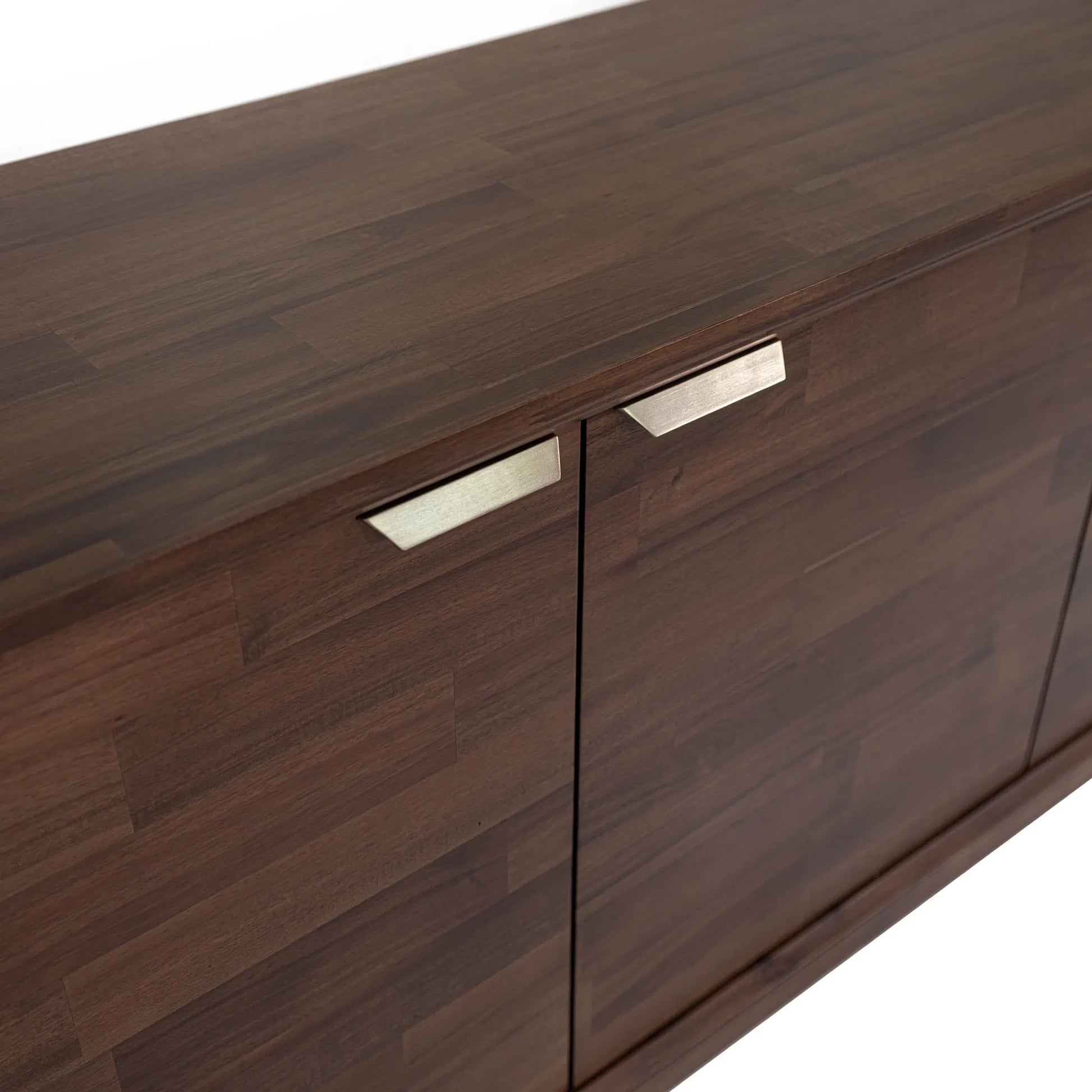 Allure Wooden 3 Door Sideboard by LH Imports in brown and brown, brass. Made from solid acacia wood, mdf, brass metal handles in a unique style.