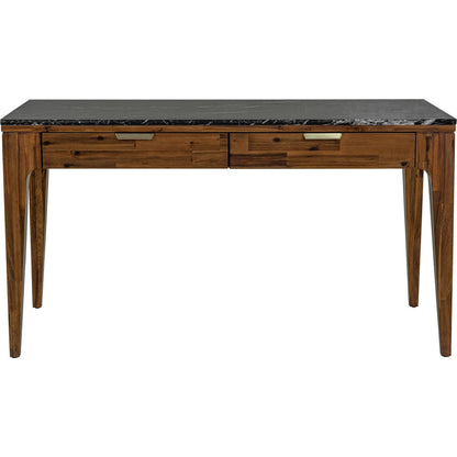 Allure Writing Desk by LH Imports in walnut, black marble top, brass. Made from solid acacia wood; mdf; black marble top. brasss metal handles in a unique style.