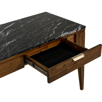Allure Writing Desk by LH Imports in walnut, black marble top, brass. Made from solid acacia wood; mdf; black marble top. brasss metal handles in a unique style.