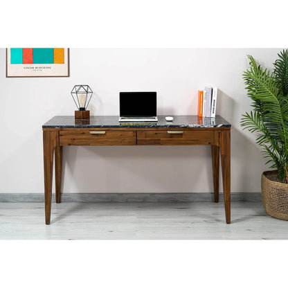 Allure Writing Desk by LH Imports in walnut, black marble top, brass. Made from solid acacia wood; mdf; black marble top. brasss metal handles in a unique style.
