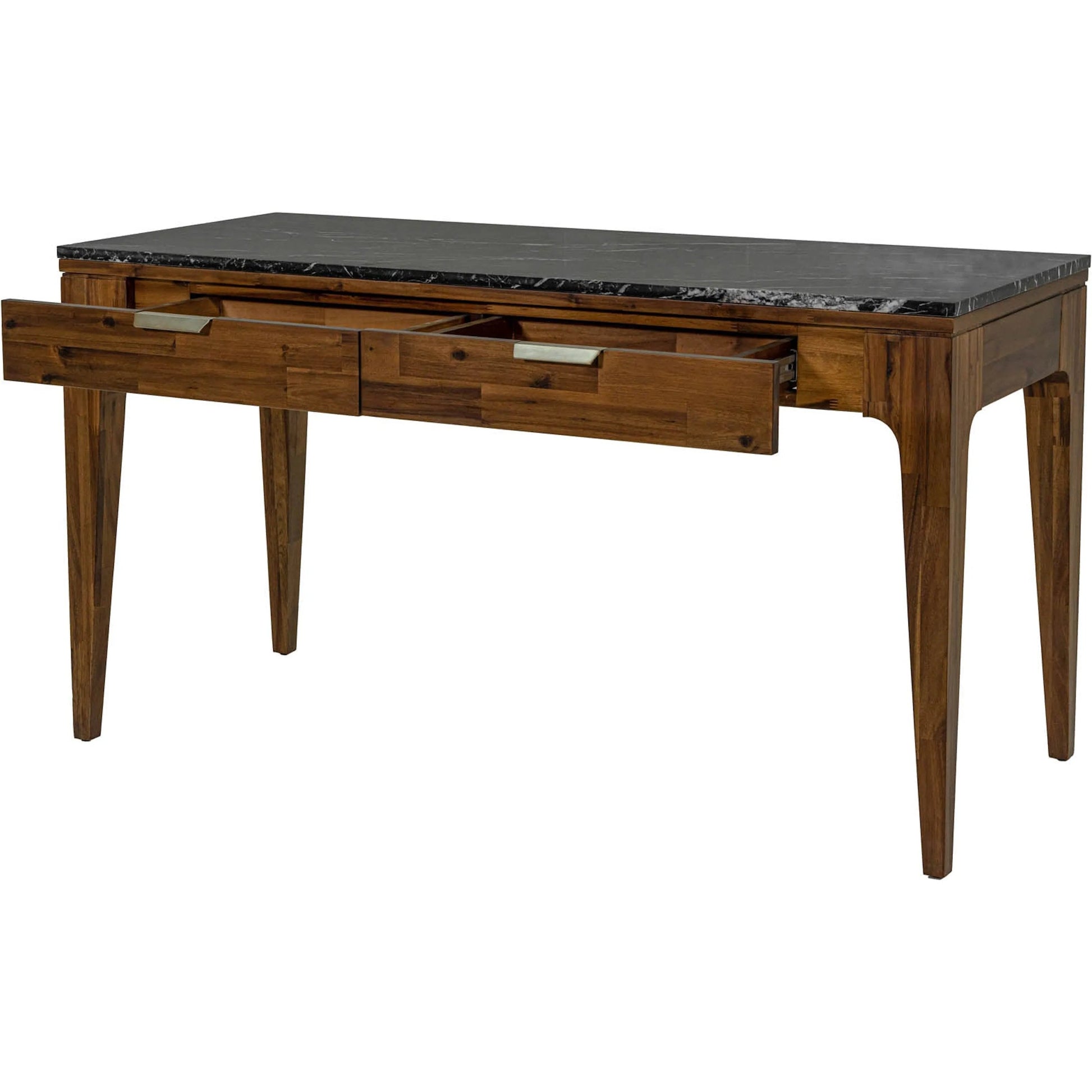 Allure Writing Desk by LH Imports in walnut, black marble top, brass. Made from solid acacia wood; mdf; black marble top. brasss metal handles in a unique style.