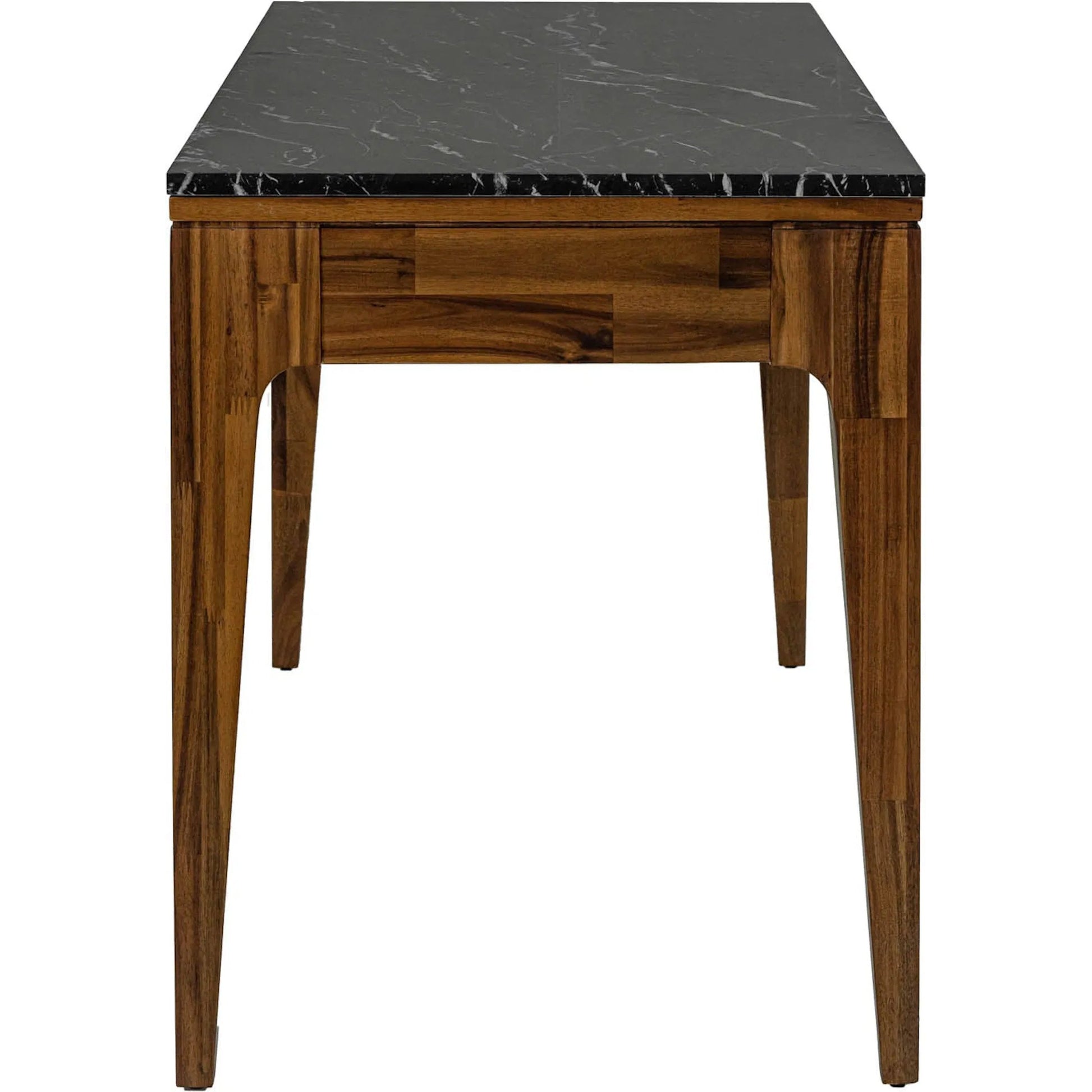 Allure Writing Desk by LH Imports in walnut, black marble top, brass. Made from solid acacia wood; mdf; black marble top. brasss metal handles in a unique style.