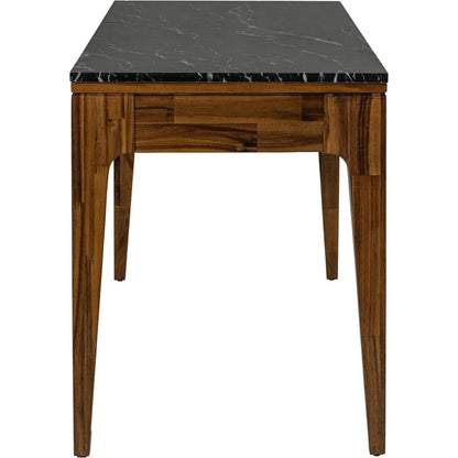 Allure Writing Desk by LH Imports in walnut, black marble top, brass. Made from solid acacia wood; mdf; black marble top. brasss metal handles in a unique style.