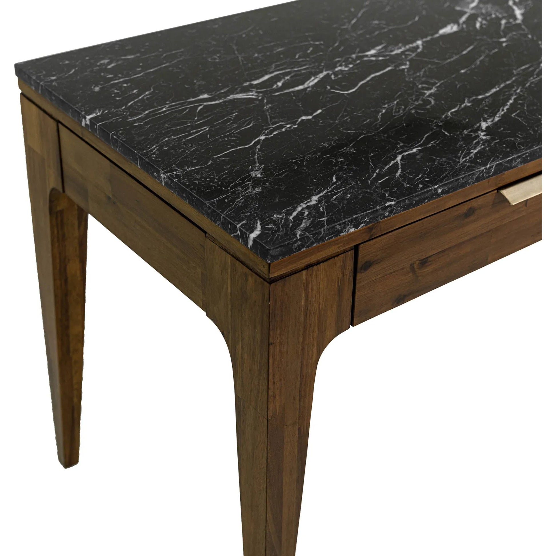 Allure Writing Desk by LH Imports in walnut, black marble top, brass. Made from solid acacia wood; mdf; black marble top. brasss metal handles in a unique style.
