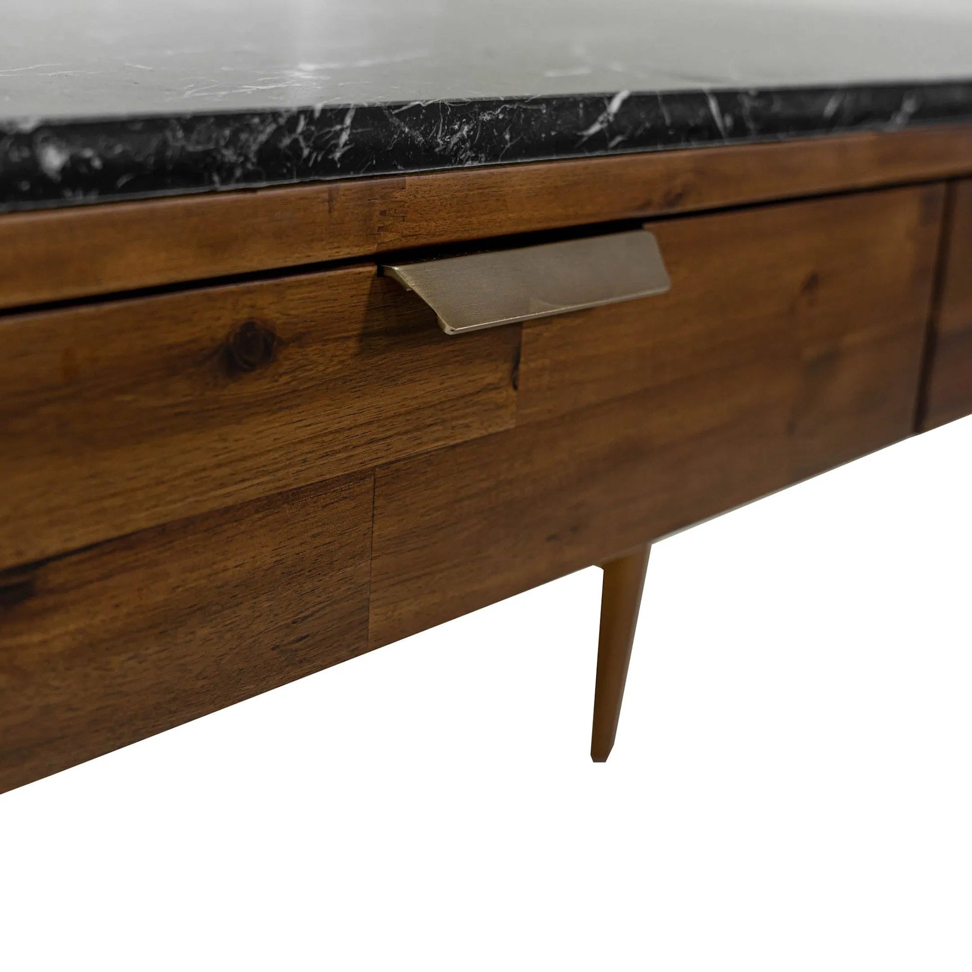 Allure Writing Desk by LH Imports in walnut, black marble top, brass. Made from solid acacia wood; mdf; black marble top. brasss metal handles in a unique style.
