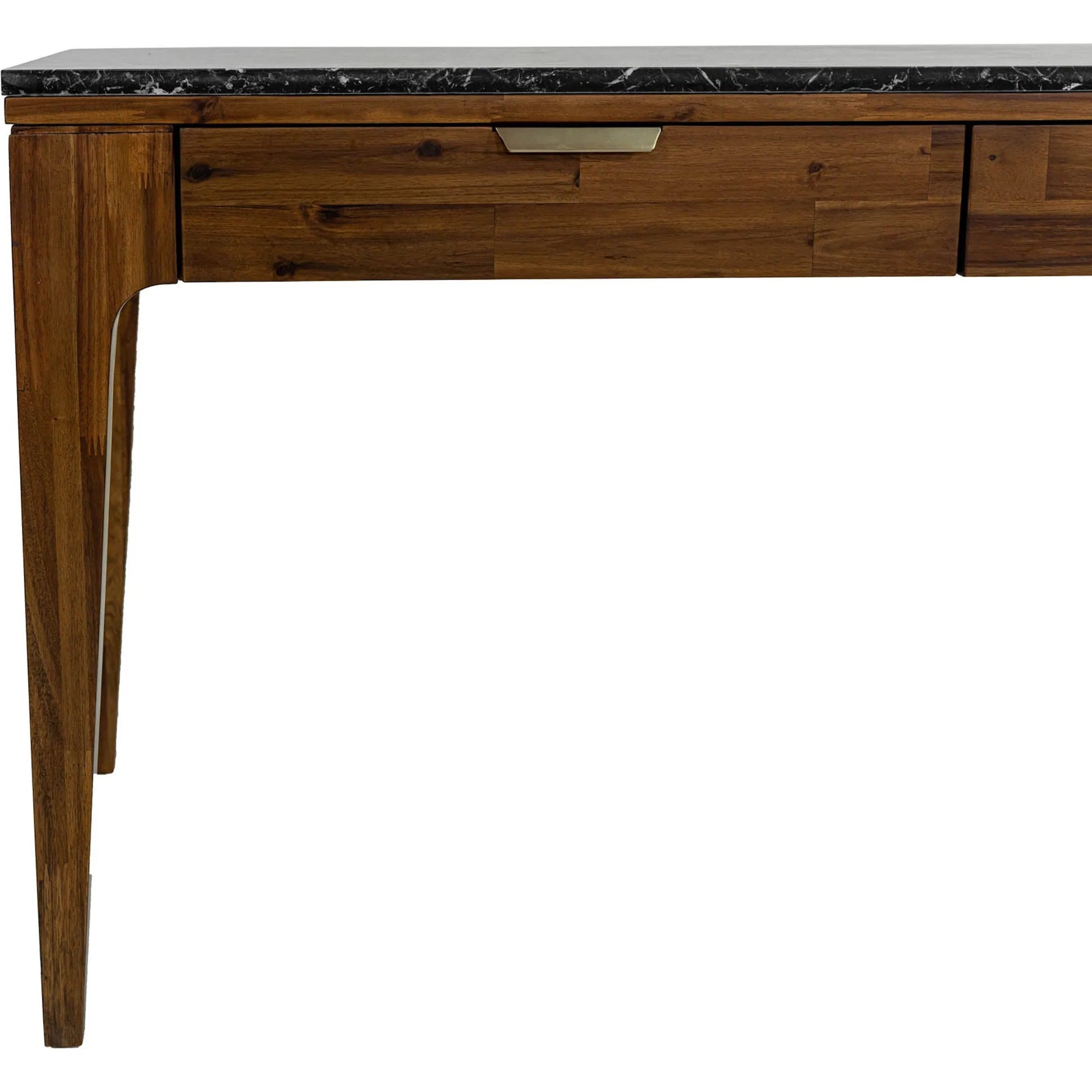 Allure Writing Desk by LH Imports in walnut, black marble top, brass. Made from solid acacia wood; mdf; black marble top. brasss metal handles in a unique style.