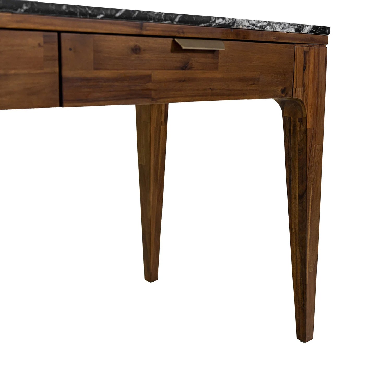 012 SI-2527479 | Closeup | Allure Writing Desk by LH Imports in walnut, black marble top, brass. Made from solid acacia wood; mdf; black marble top. brasss metal handles in a unique style.