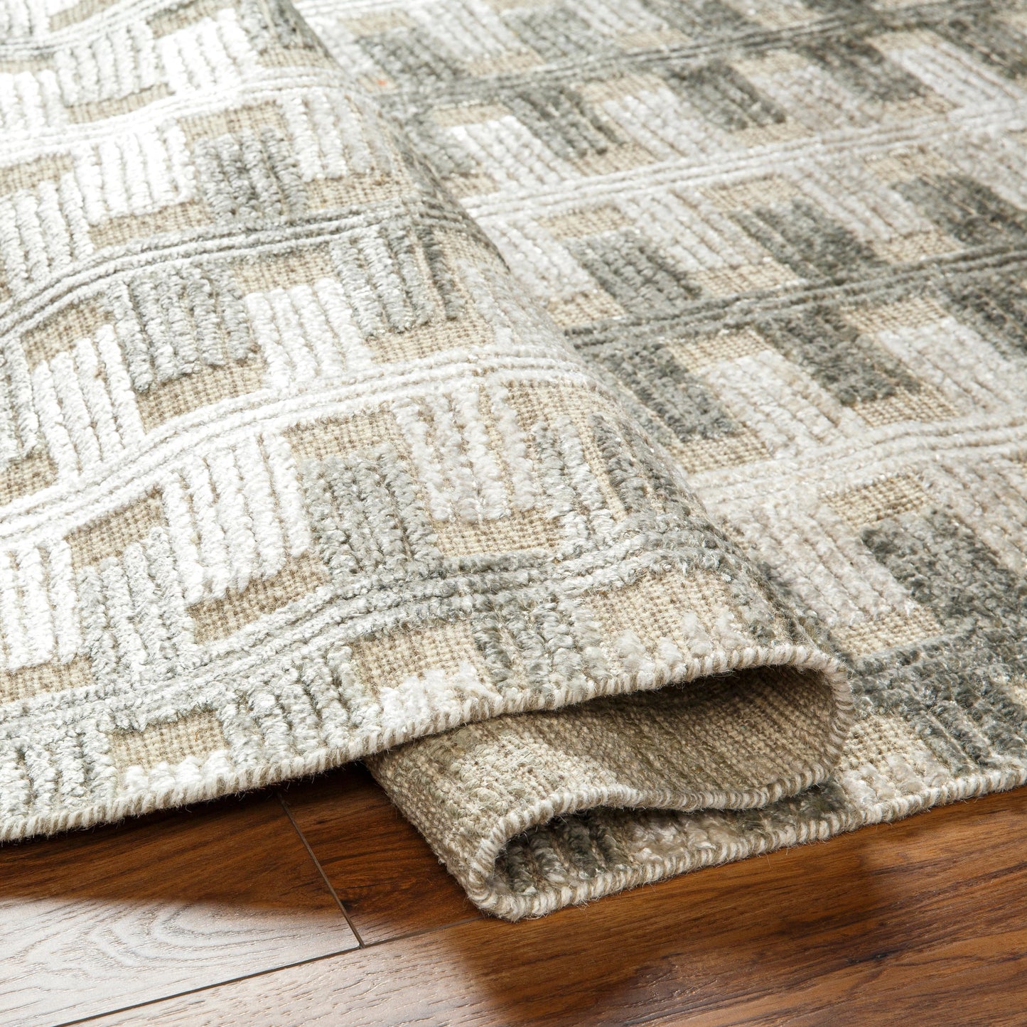 002 SI-1915930,SI-1915931,SI-1915932,SI-1915933 | Closeup | Amina AMA-2302 Rug by Surya in light sage, light slate, taupe, light beige. Made from main: 65% wool, main: 35% viscose in a unique style.