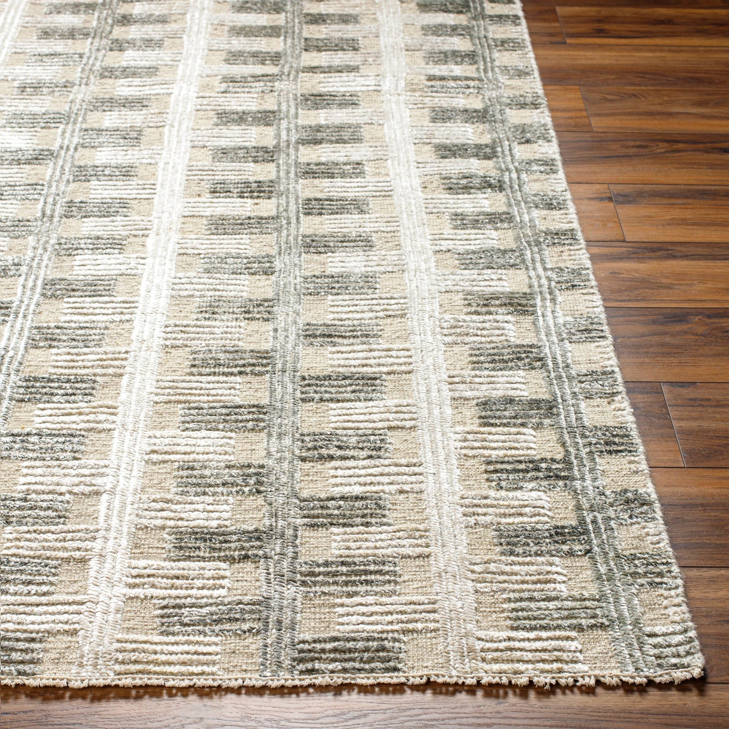 001 SI-1915930,SI-1915931,SI-1915932,SI-1915933 | Closeup | Amina AMA-2302 Rug by Surya in light sage, light slate, taupe, light beige. Made from main: 65% wool, main: 35% viscose in a unique style.