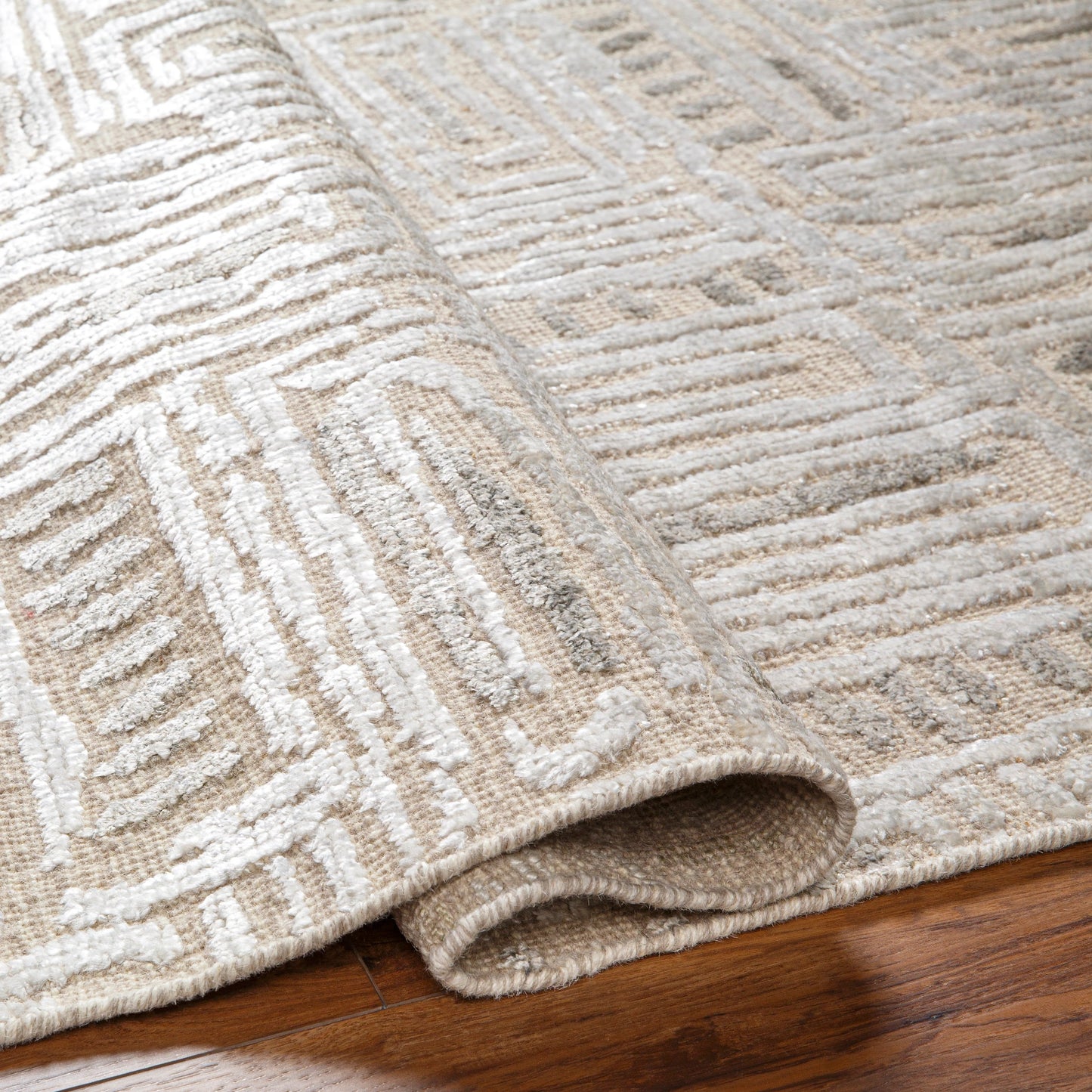 004 SI-1915934,SI-1915935,SI-1915936,SI-1915937 | Closeup | Amina AMA-2303 Rug by Surya in beige, light sage. Made from main: 65% wool, main: 35% viscose in a unique style.