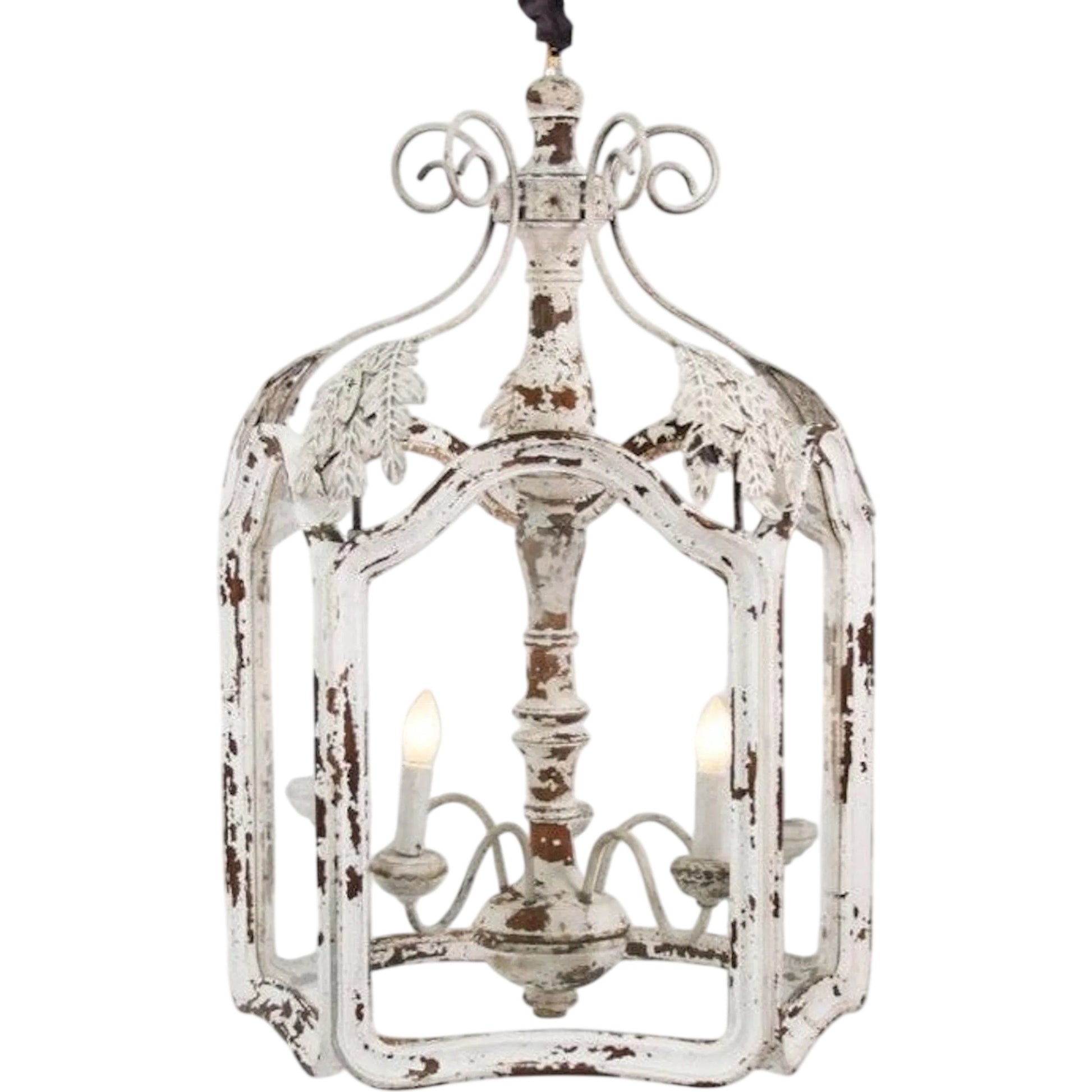 Amelie Chandelier by Zentique in distressed white and white. Made from pine, iron, glass in a unique style.