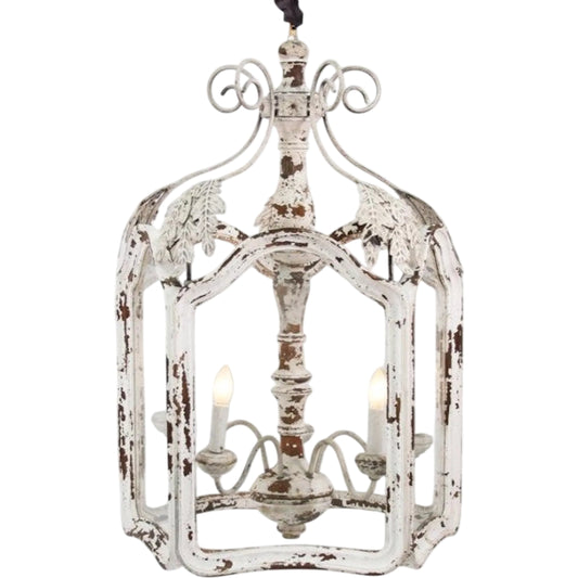 Amelie Chandelier by Zentique in distressed white and white. Made from pine, iron, glass in a unique style.