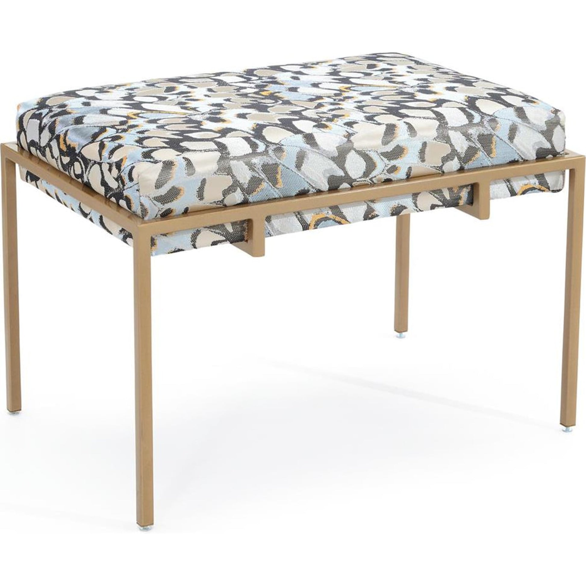 Metal Gold Upholstered Bench by John-Richard in blue and gold. Made from metal in a modern style.