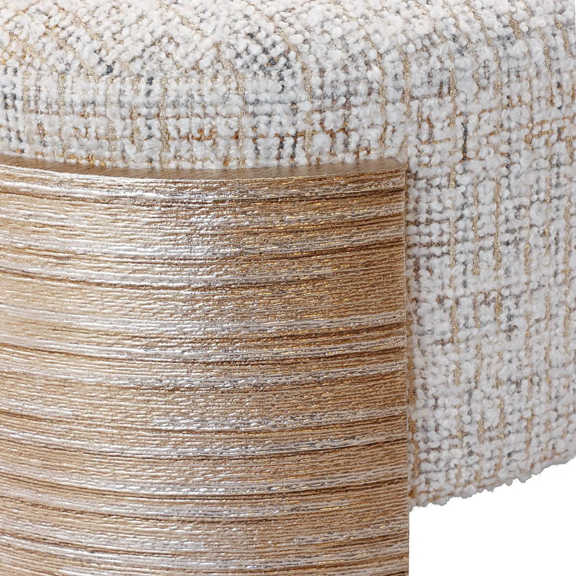 Certa Bench by John-Richard in striated valyrian gold. Made from beech wood, fabric in a transitional style.