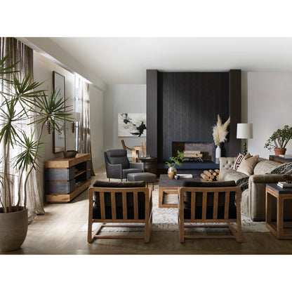 Big Sky 4-Drawer Entertainment Console by Hooker Furniture in furrowed bark. Made from pecky hickory veneers, resin, solid-wood edged top in a modern style.