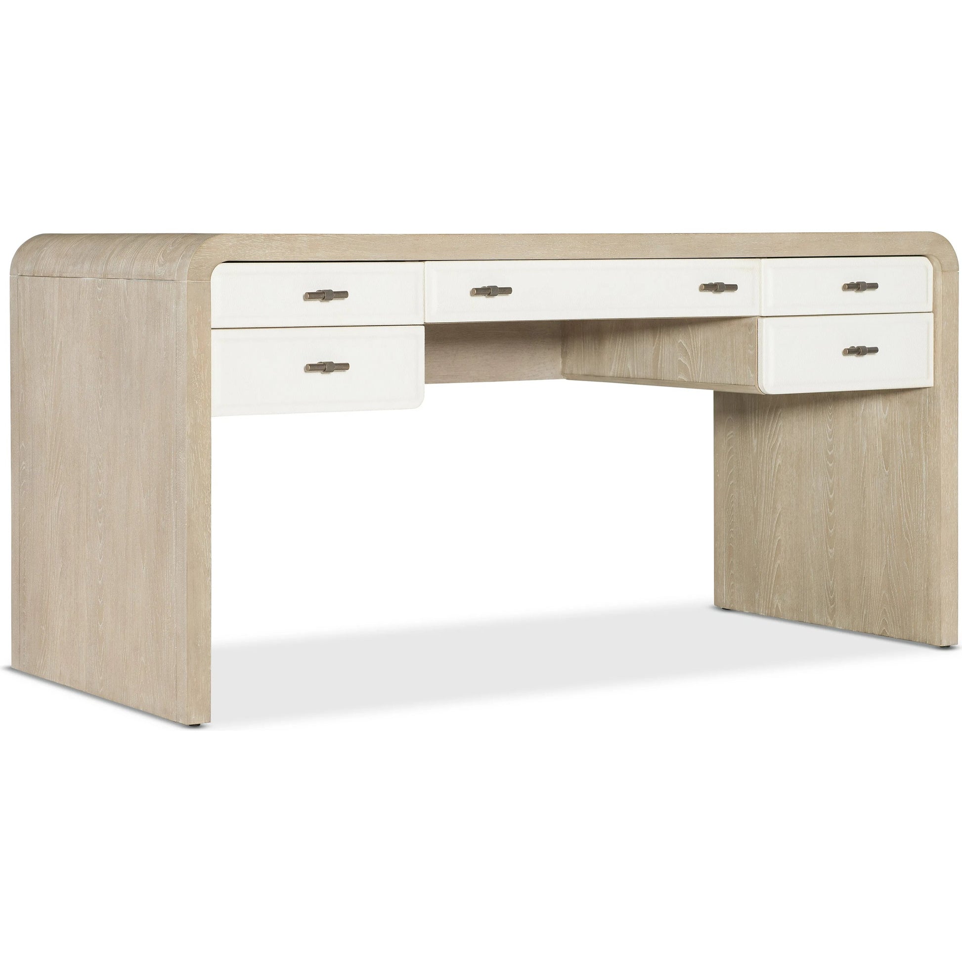 Brixton Writing Desk by Hooker Furniture in light wood and pebble hue. Made from elm veneers in a transitional style.