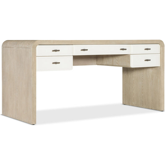 Brixton Writing Desk by Hooker Furniture in light wood and pebble hue. Made from elm veneers in a unique style.