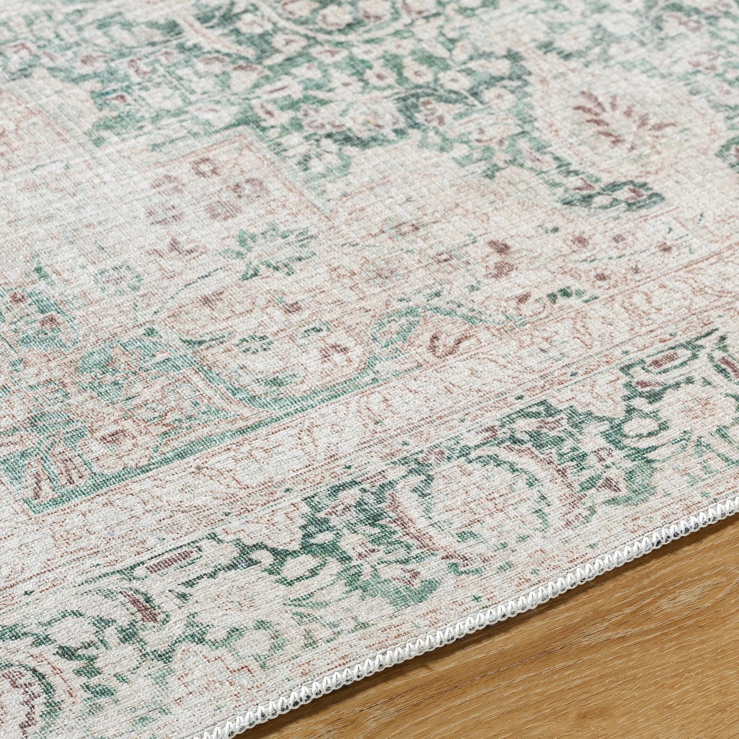 005 SI-2168234,SI-2168235,SI-2168236,SI-2168237,SI-2168238,SI-2168239 | Closeup | Amelie AML-2393 Rug by Livabliss in medium green, cream, olive. Made from polyester in a unique style.