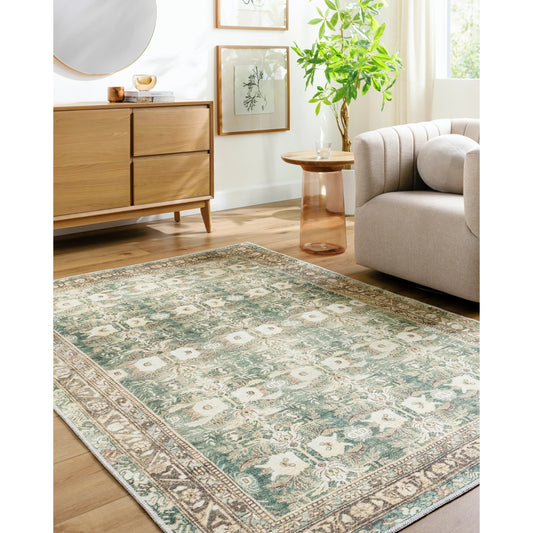 Amelie AML-2396 Rug by Livabliss in olive, medium green, cream, wheat, black, dusty coral. Made from polyester in a unique style.