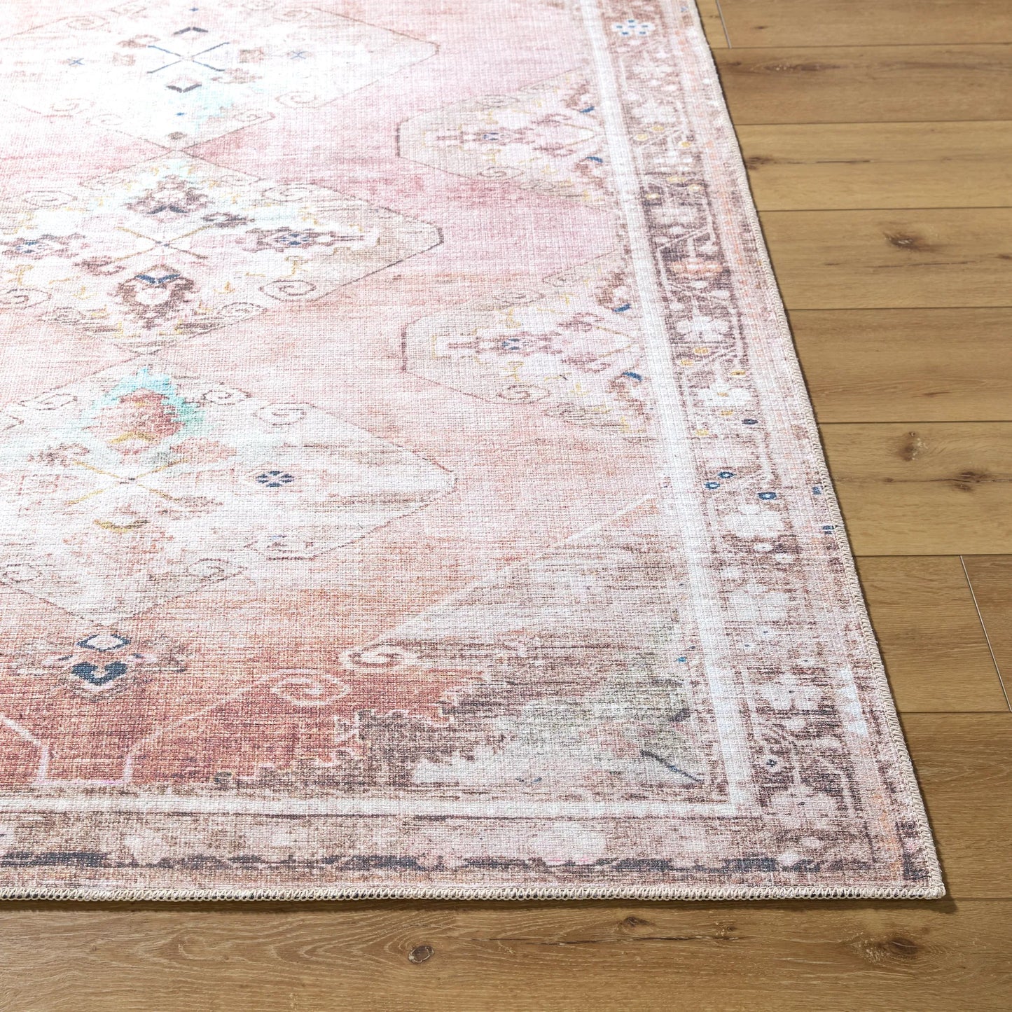 003 SI-2245639,SI-2245641,SI-2245642,SI-2245643,SI-2245644 | Closeup | Amelie AML-2402 Rug by Livabliss in dusty pink, rust, cream, beige, dark brown, black. Made from polyester in a unique style.