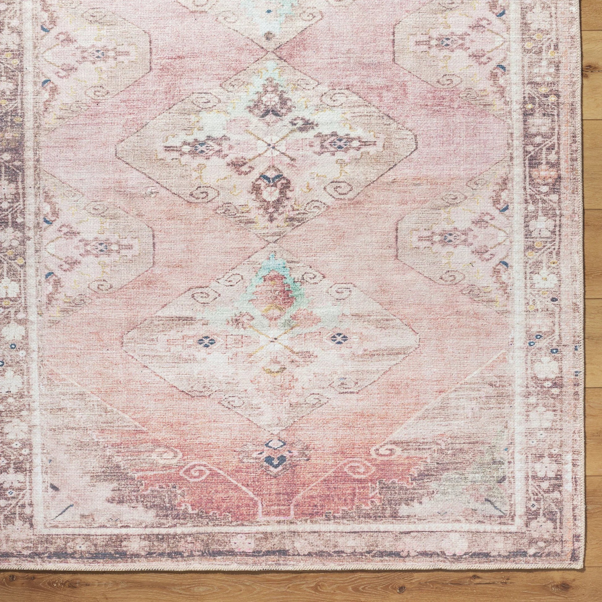 Amelie AML-2402 Rug by Livabliss in dusty pink, rust, cream, beige, dark brown, black. Made from polyester in a unique style.