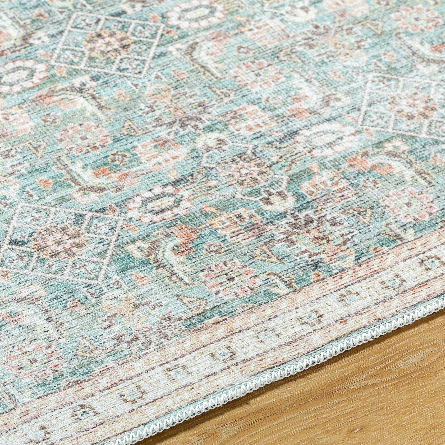 004 SI-2245645 | Closeup | Amelie 533507 Rug by Livabliss in pale blue, teal, deep teal, cream, brown, tan. Made from polyester in a unique style.