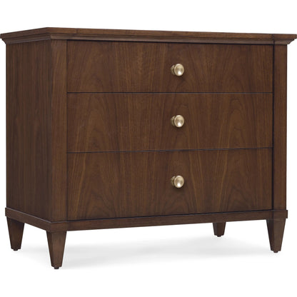 Archives Three-Drawer Nightstand by Hooker Furniture in dark wood and classic walnut. Made from figured walnut veneer, oak veneer in a transitional style.