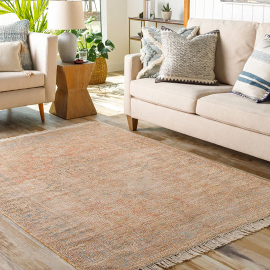 Amasya Rug - 29242 by Surya in red, orange, dusty coral, burgandy, sky blue, light beige. Made from 50% cotton, 20% polyester, 15% viscose, 15% wool in a unique style.
