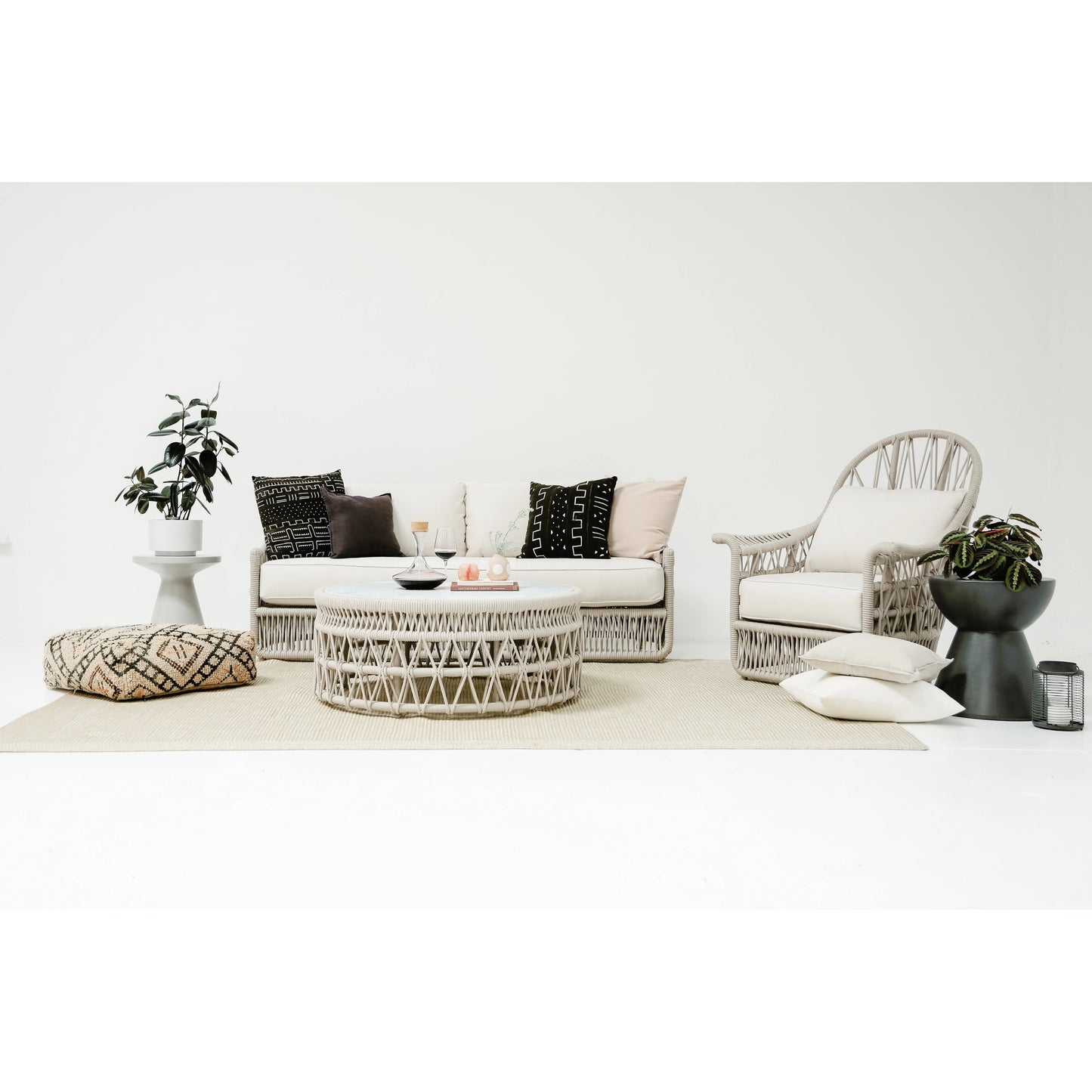 012 SI-2167044 | Lifestyle | Dana Outdoor Rope Wing Chair in Linen by Sunset West in natural. Made from olefin rope in a coastal style.