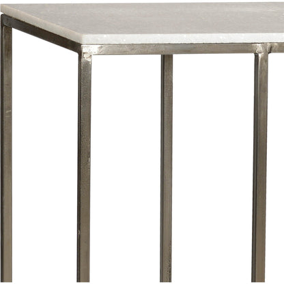 Isela Marble & Iron Console Table by Arch & Plane in white, silver and antique nickel, white marble finish. Made from polished marble, iron in a modern style.