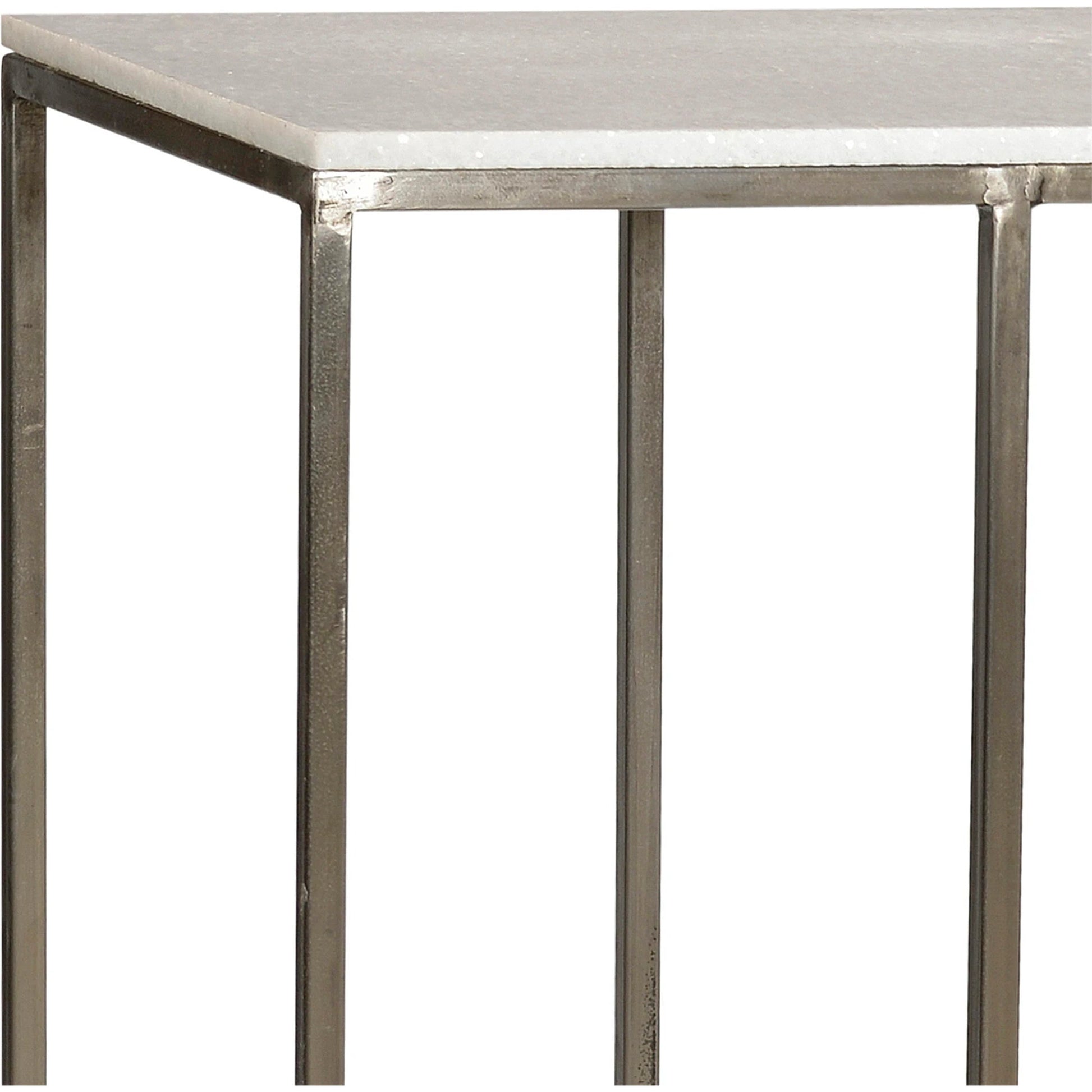Isela Marble & Iron Console Table by Arch & Plane in white, silver and antique nickel, white marble finish. Made from polished marble, iron in a modern style.
