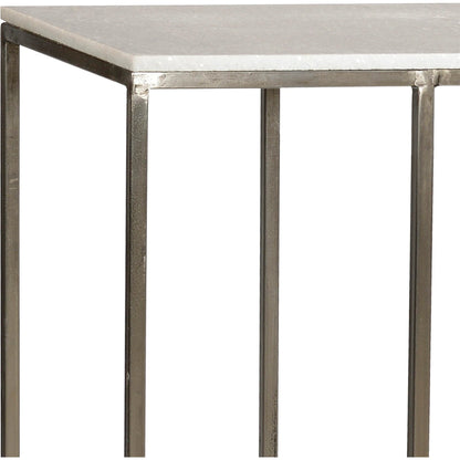 Isela Marble & Iron Console Table by Arch & Plane in white, silver and antique nickel, white marble finish. Made from polished marble, iron in a modern style.