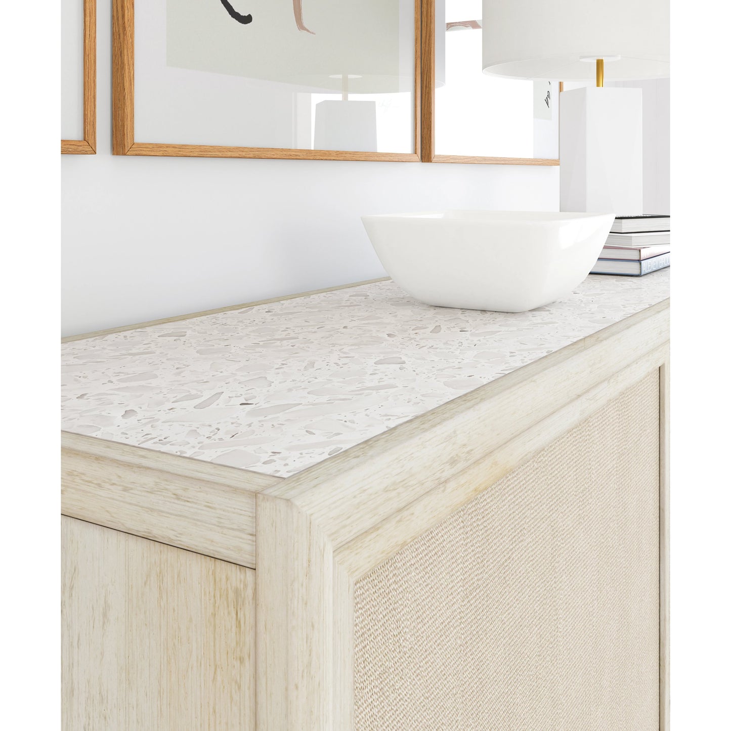 006 SI-2064990 | Lifestyle | Cotiere Sideboard by A.R.T. Furniture in beige and linen. Made from parawood solids, mixed split cathedral quarter-white oak veneer, fabric, terrazzo stone in a modern style.