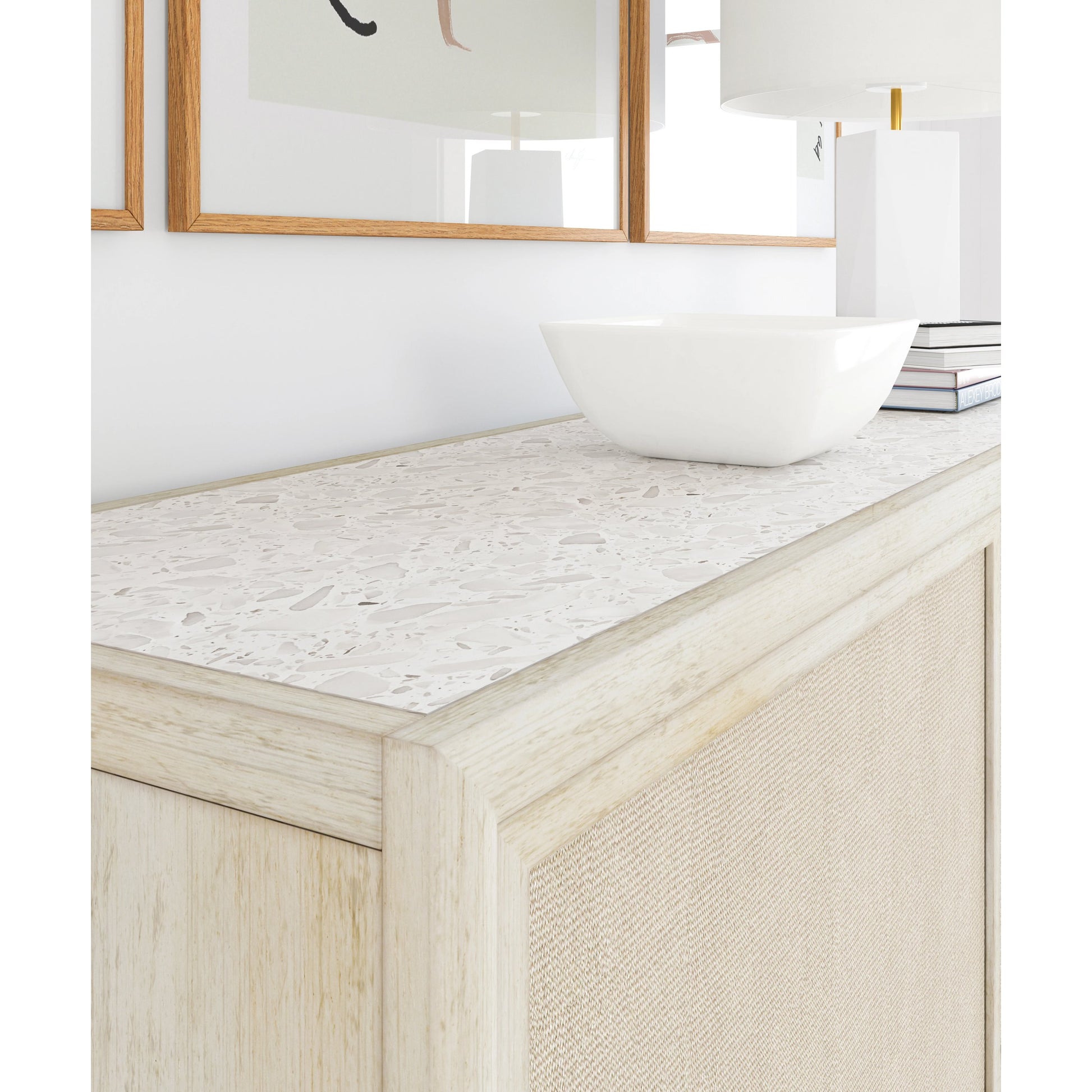 Cotiere Sideboard by A.R.T. Furniture in beige and linen. Made from parawood solids, mixed split cathedral quarter-white oak veneer, fabric, terrazzo stone in a modern style.