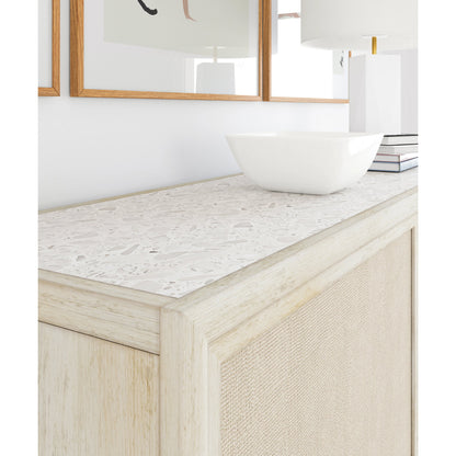 Cotiere Sideboard by A.R.T. Furniture in beige and linen. Made from parawood solids, mixed split cathedral quarter-white oak veneer, fabric, terrazzo stone in a modern style.