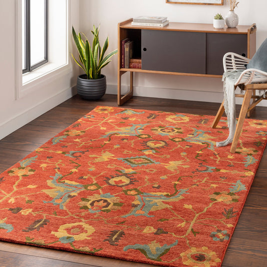 Anastacia Rug - 1129 by Surya in rust, sky blue, olive, mustard, grass green, dark brown. Made from 100% new zealand wool in a unique style.