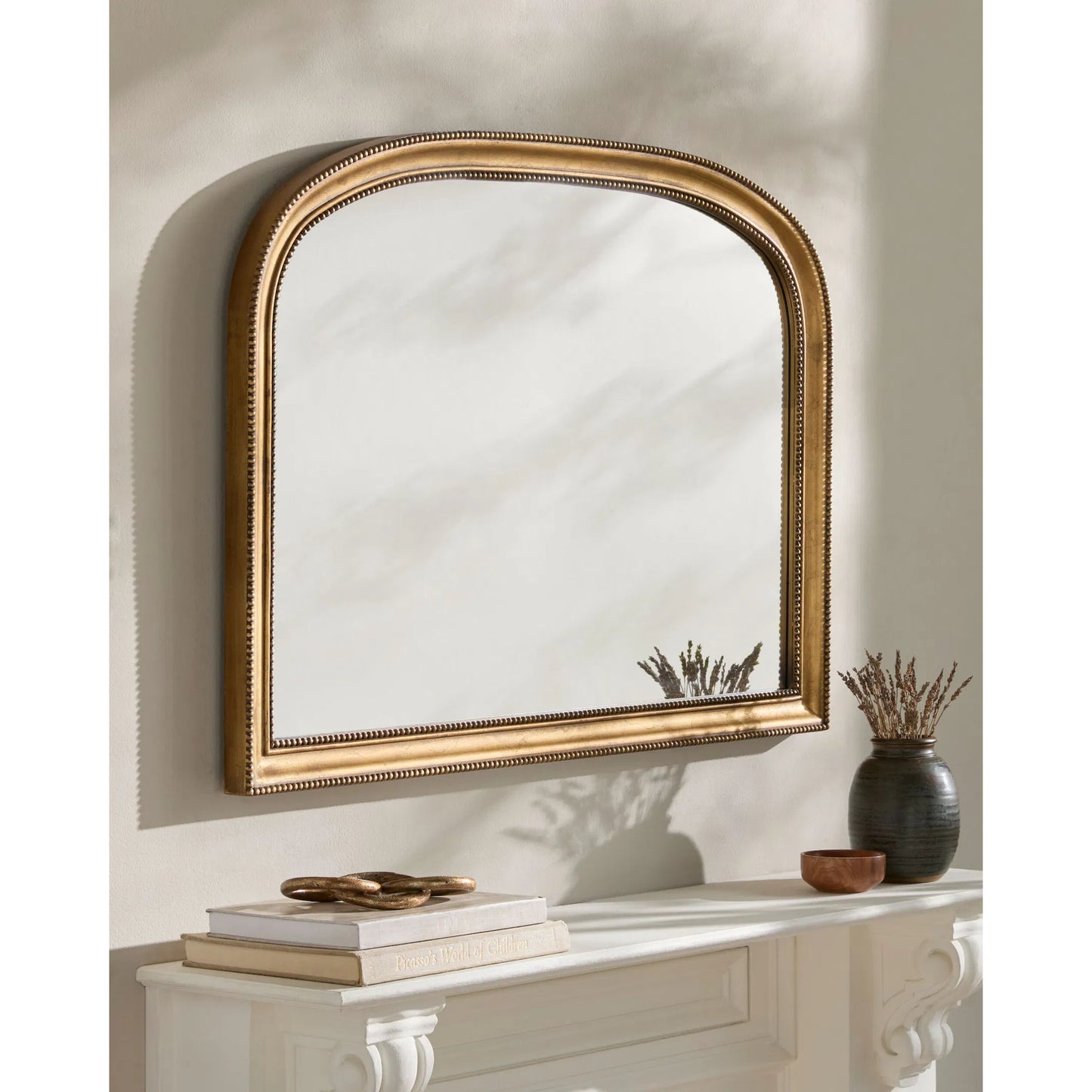 003 SI-2460242 | Lifestyle | Nalanda Mantel Mirror by Surya in gold. Made from pine in a traditional style.