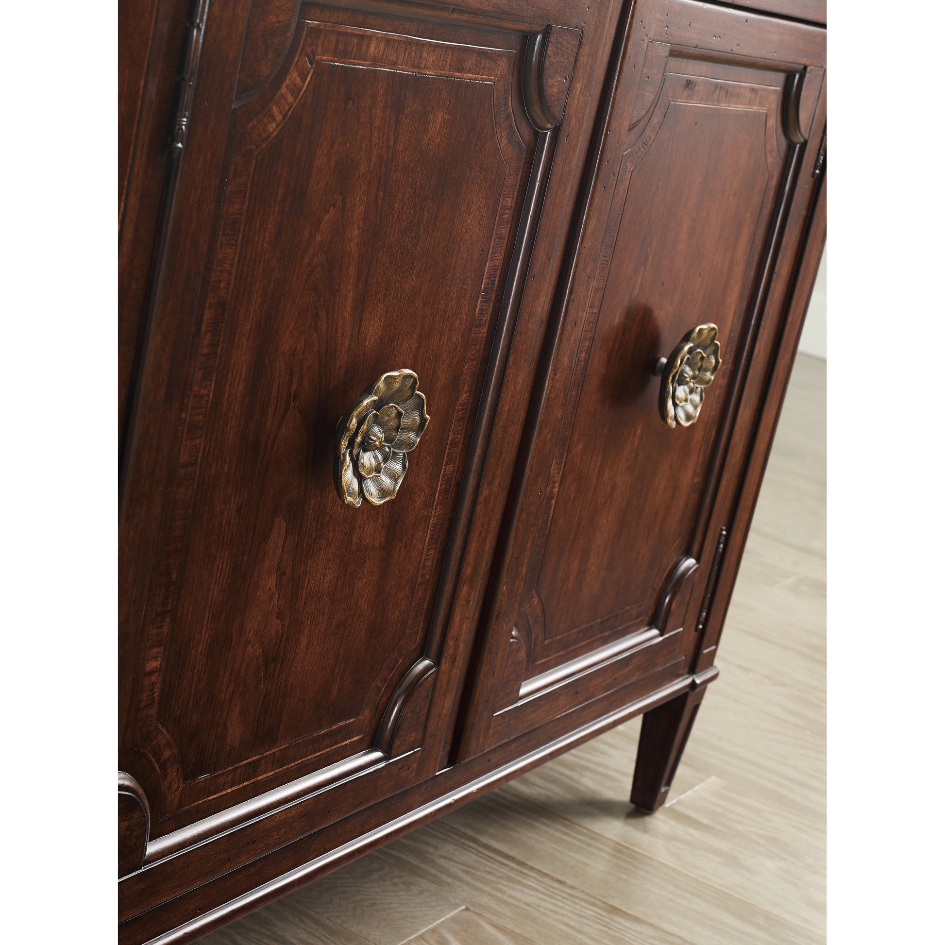 Charleston Four-Door Buffet by Hooker Furniture in maraschino cherry. Made from cherry, maple, walnut veneers, maple inlay, solid-wood edge top in a traditional style.